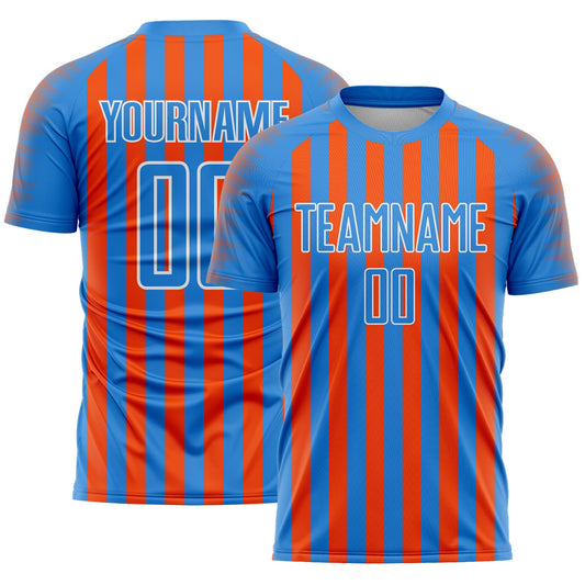 Custom Powder Blue Orange-White Stripe Sports Sublimation Soccer Uniform Jersey - Main View