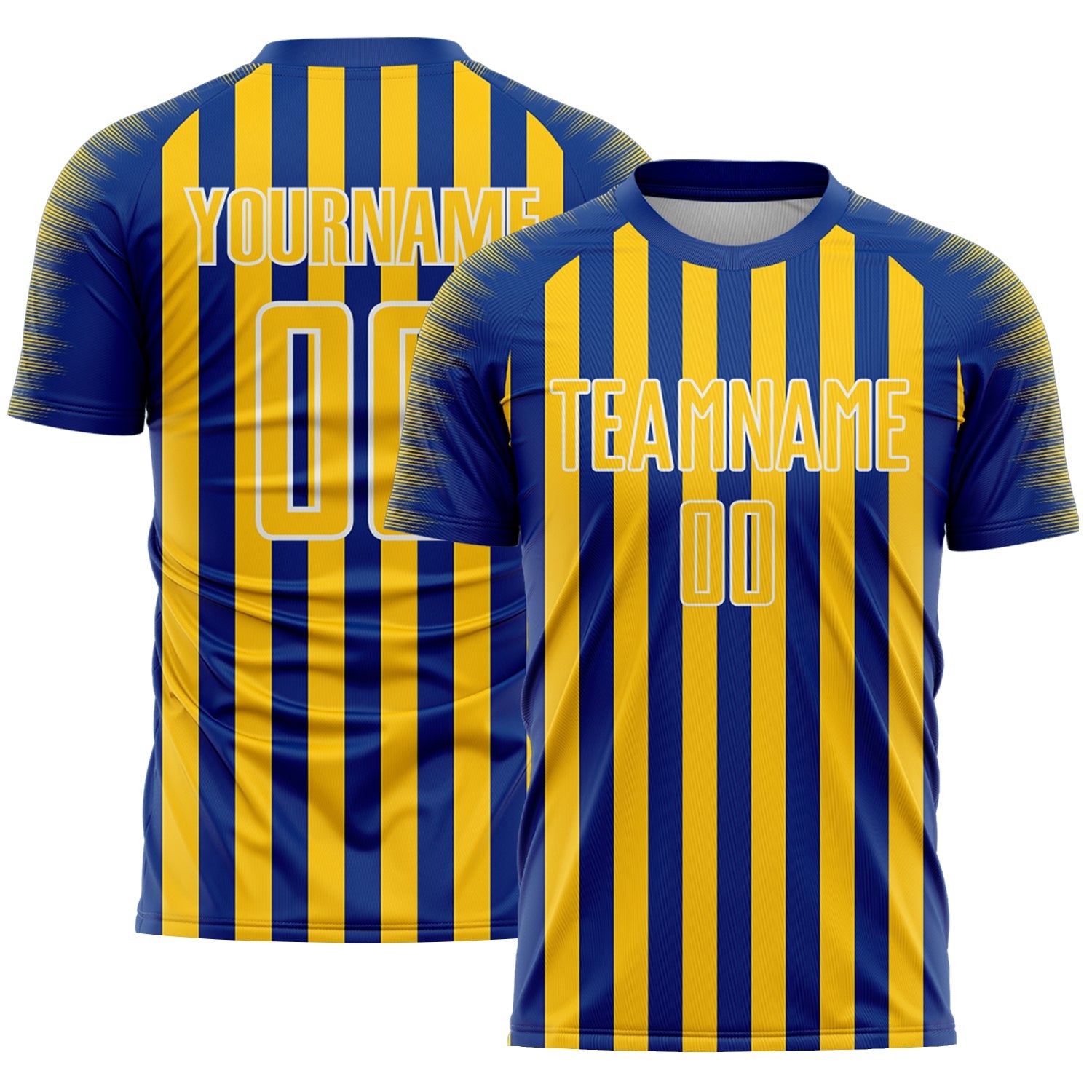 Custom Royal Yellow-White Stripe Sports Sublimation Soccer Uniform Jersey - Main View