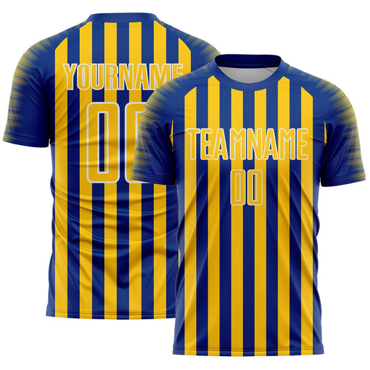 Custom Royal Yellow-White Stripe Sports Sublimation Soccer Uniform Jersey - Main View