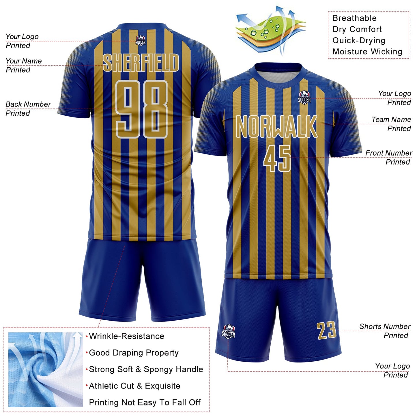 Custom Royal Old Gold-White Stripe Sports Sublimation Soccer Uniform Jersey view 4