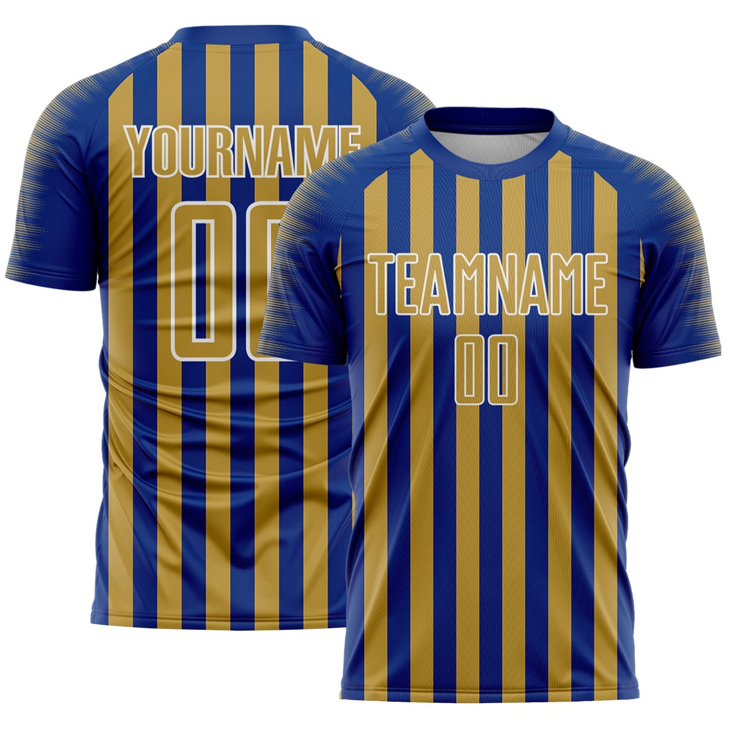 Custom Royal Old Gold-White Stripe Sports Sublimation Soccer Uniform Jersey - Main View