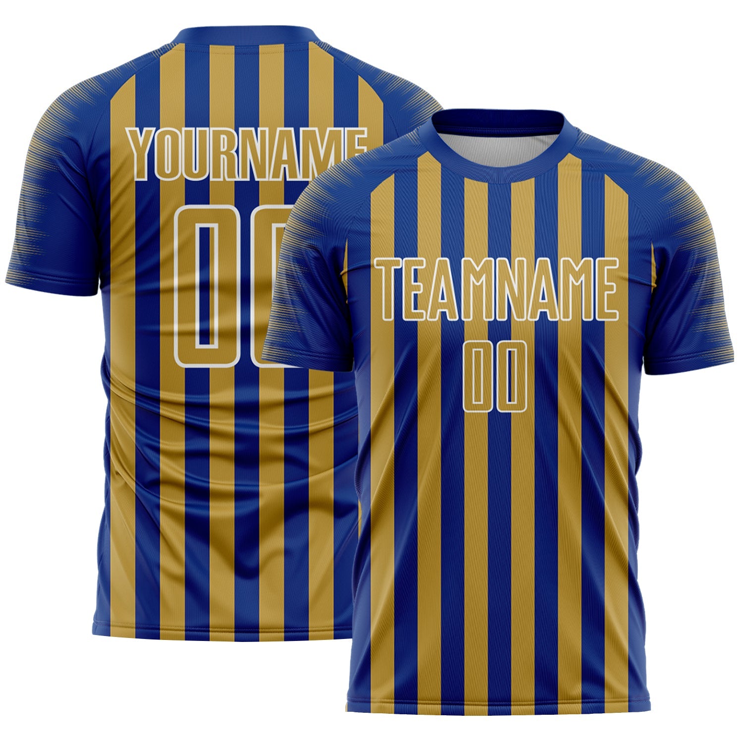 Custom Royal Old Gold-White Stripe Sports Sublimation Soccer Uniform Jersey - Main View