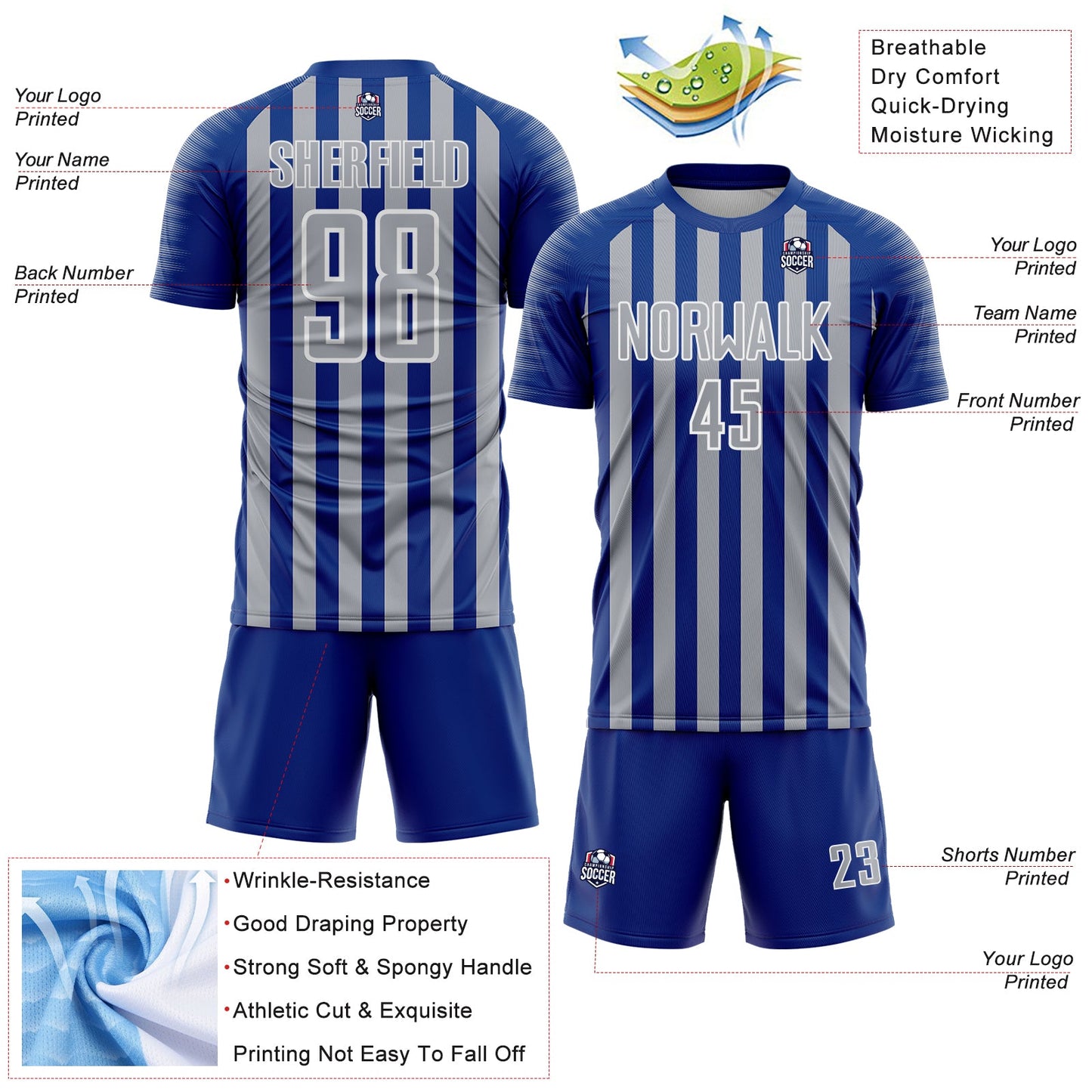 Custom Royal Gray-White Stripe Sports Sublimation Soccer Uniform Jersey view 4
