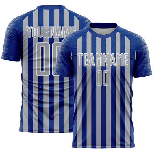 Custom Royal Gray-White Stripe Sports Sublimation Soccer Uniform Jersey - Main View
