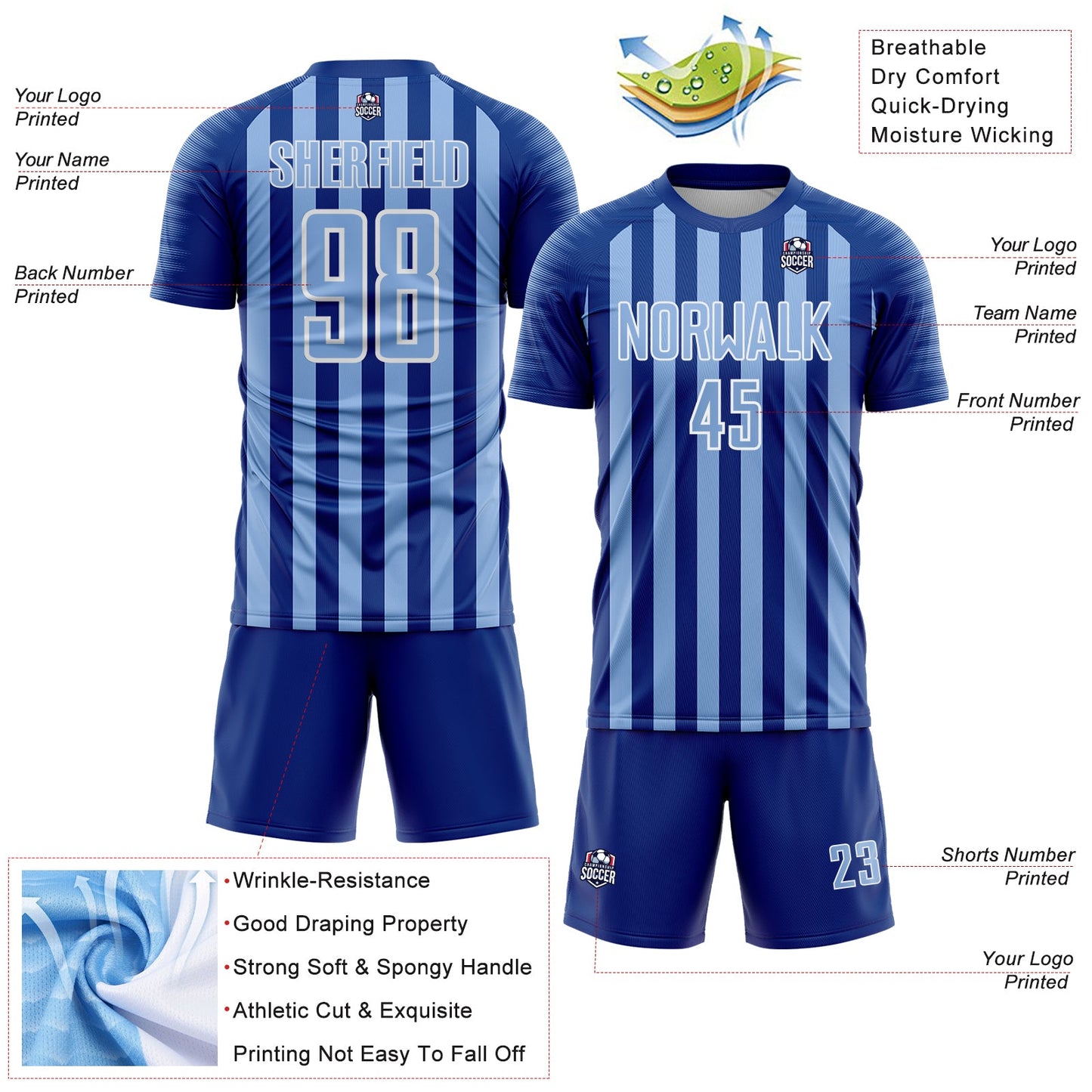 Custom Royal Light Blue-White Stripe Sports Sublimation Soccer Uniform Jersey view 4