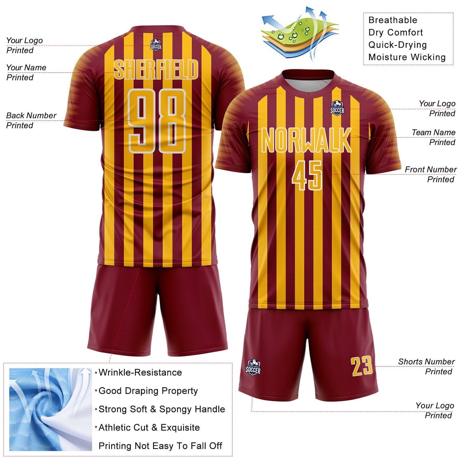 Custom Crimson Gold-White Stripe Sports Sublimation Soccer Uniform Jersey view 4
