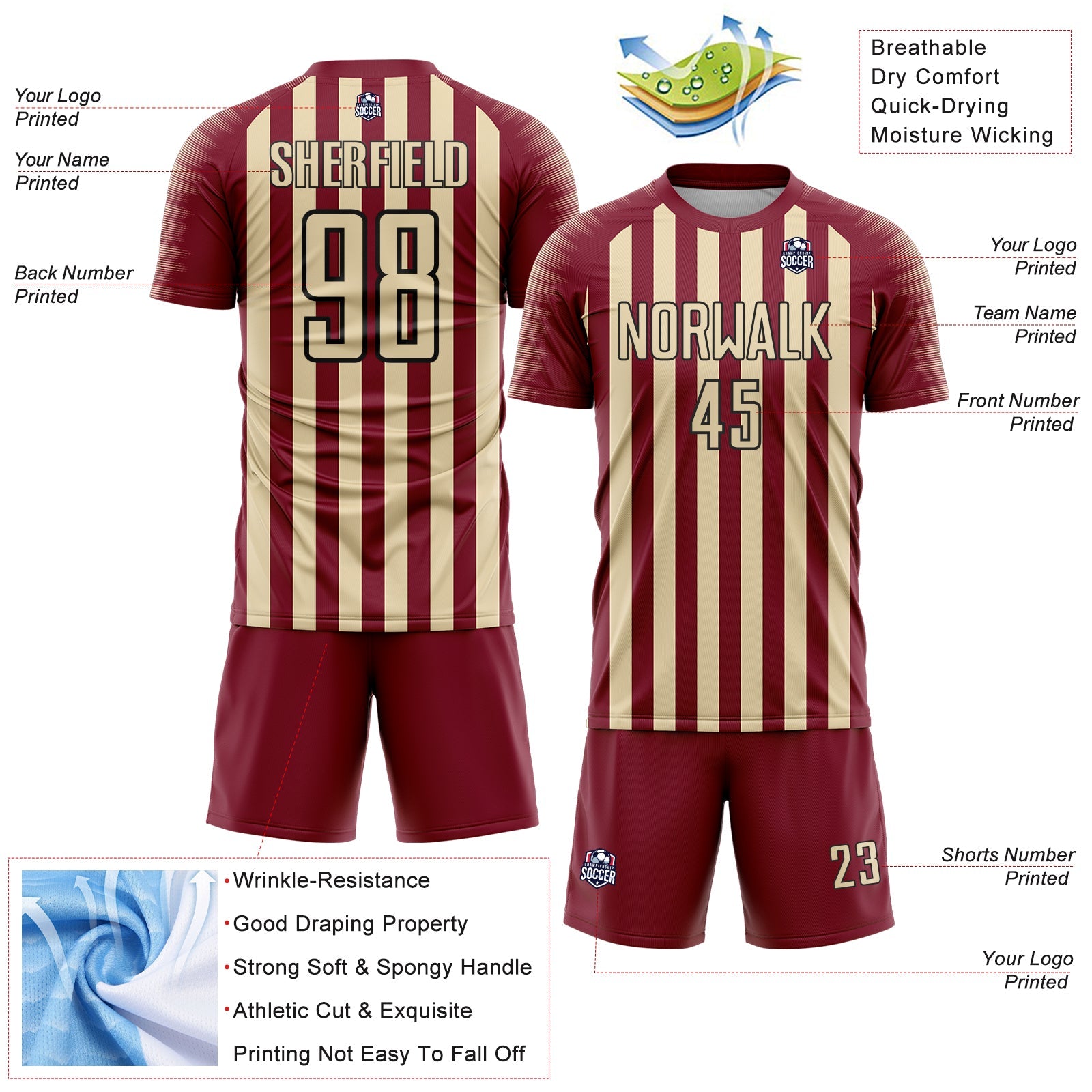 Custom Crimson Cream-Black Stripe Sports Sublimation Soccer Uniform Jersey view 4