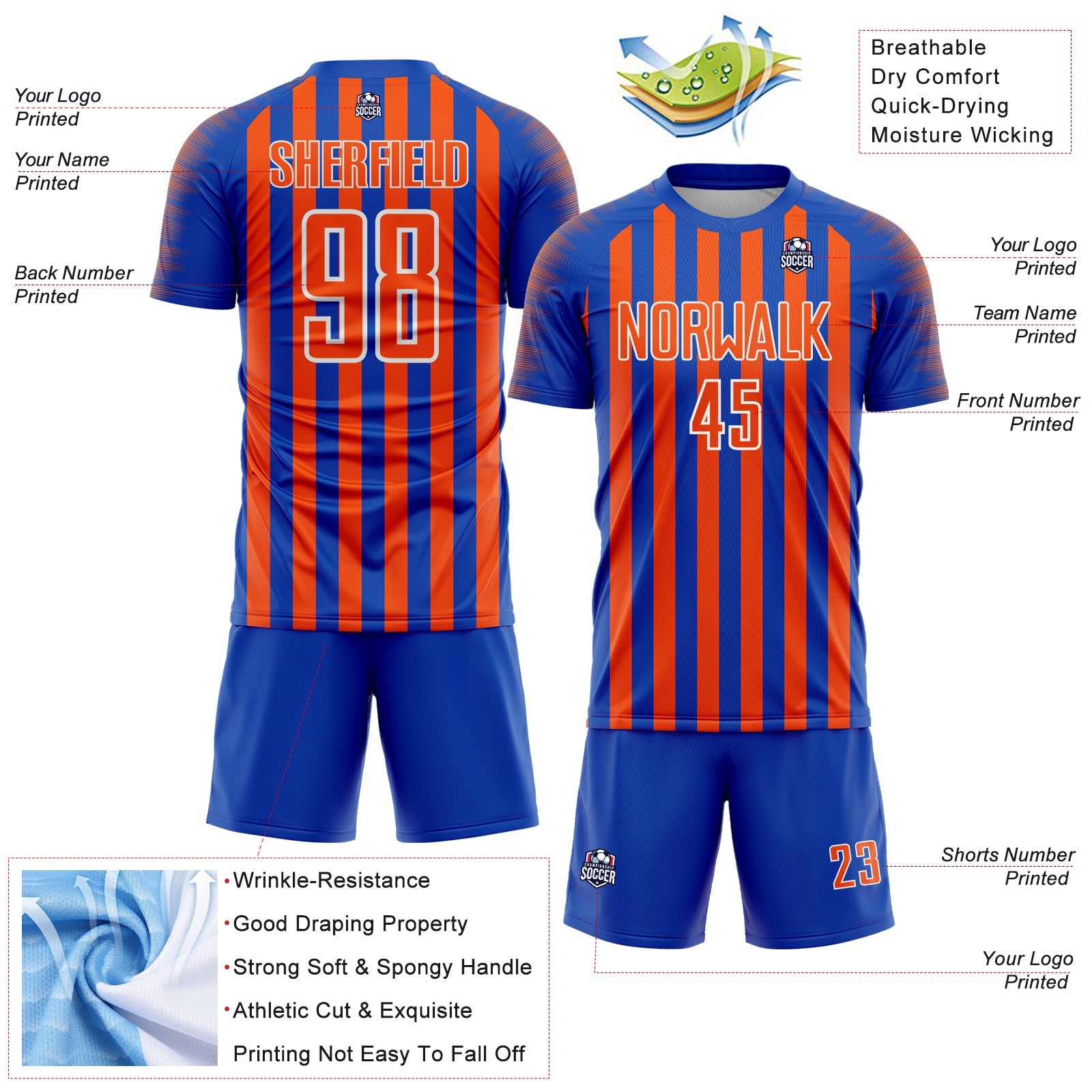 Custom Thunder Blue Orange-White Stripe Sports Sublimation Soccer Uniform Jersey view 4
