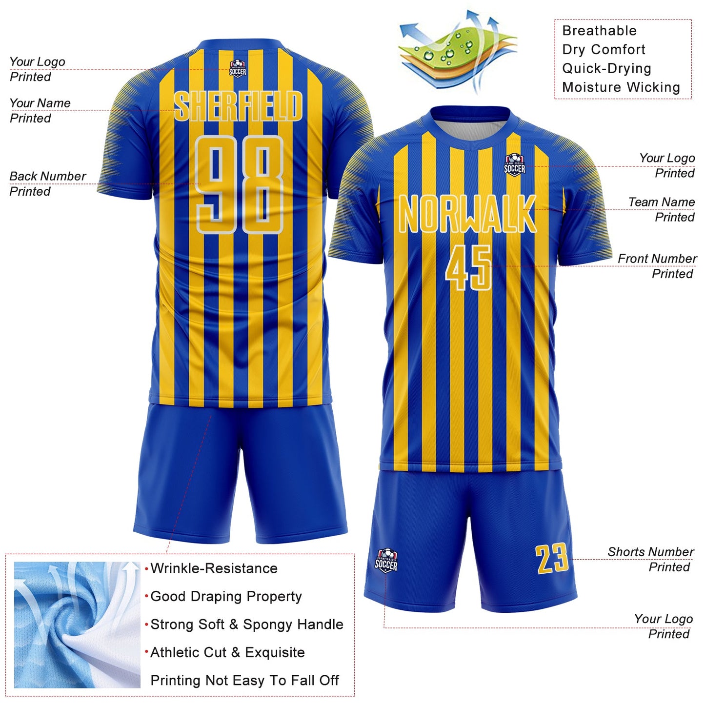 Custom Thunder Blue Yellow-White Stripe Sports Sublimation Soccer Uniform Jersey view 4