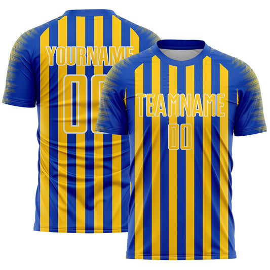 Custom Thunder Blue Yellow-White Stripe Sports Sublimation Soccer Uniform Jersey - Main View