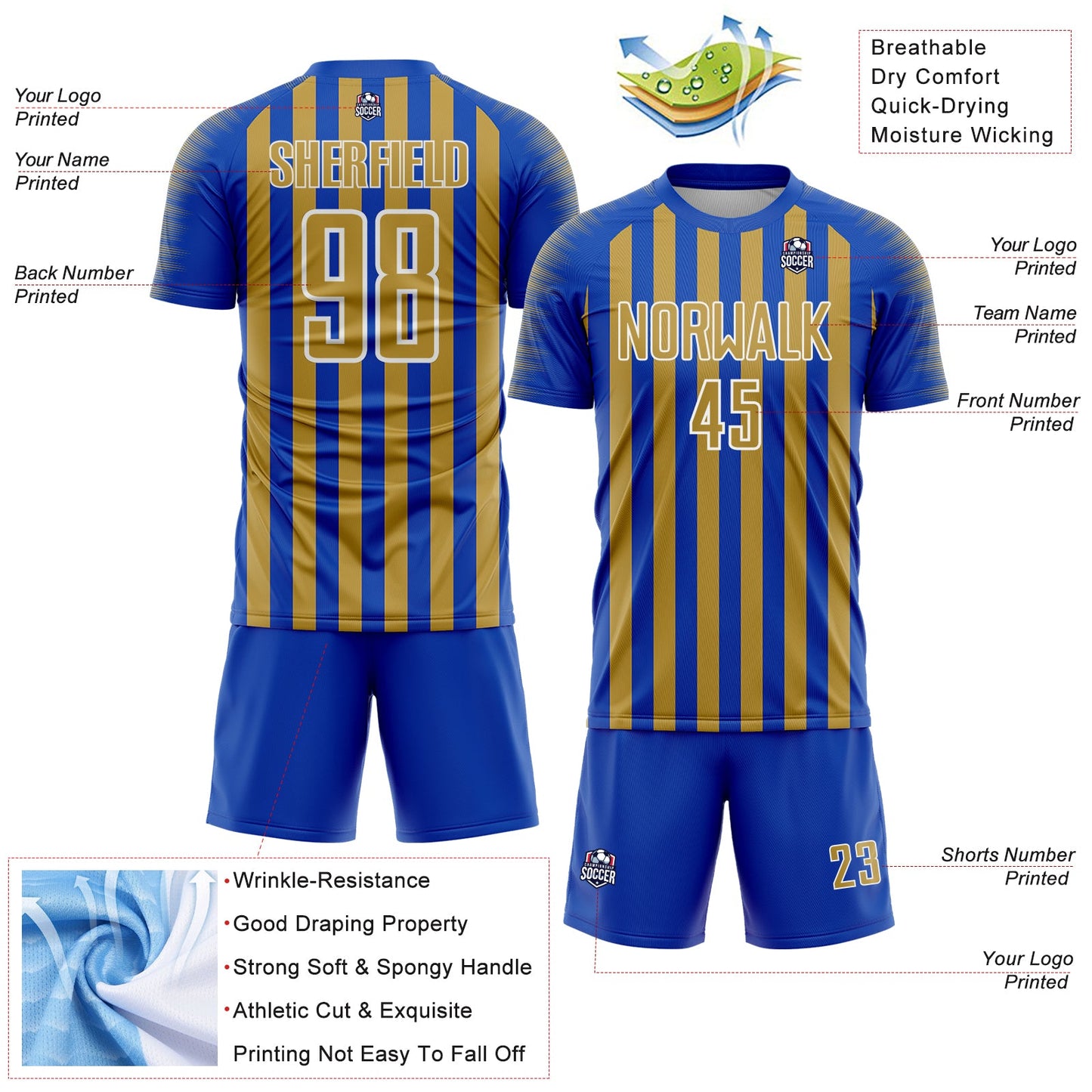 Custom Thunder Blue Old Gold-White Stripe Sports Sublimation Soccer Uniform Jersey view 4