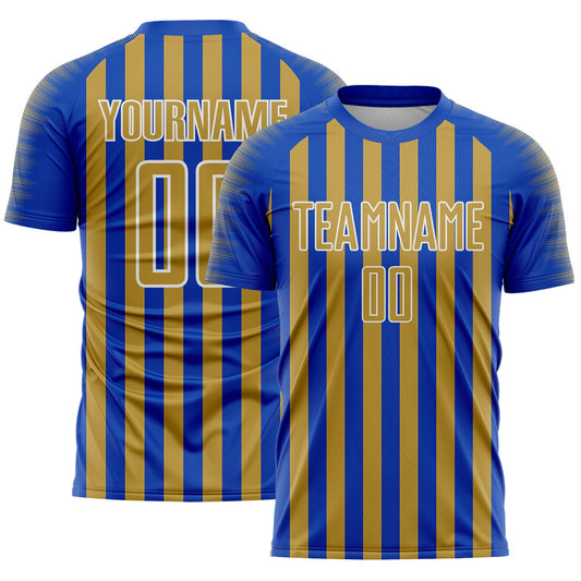 Custom Thunder Blue Old Gold-White Stripe Sports Sublimation Soccer Uniform Jersey - Main View