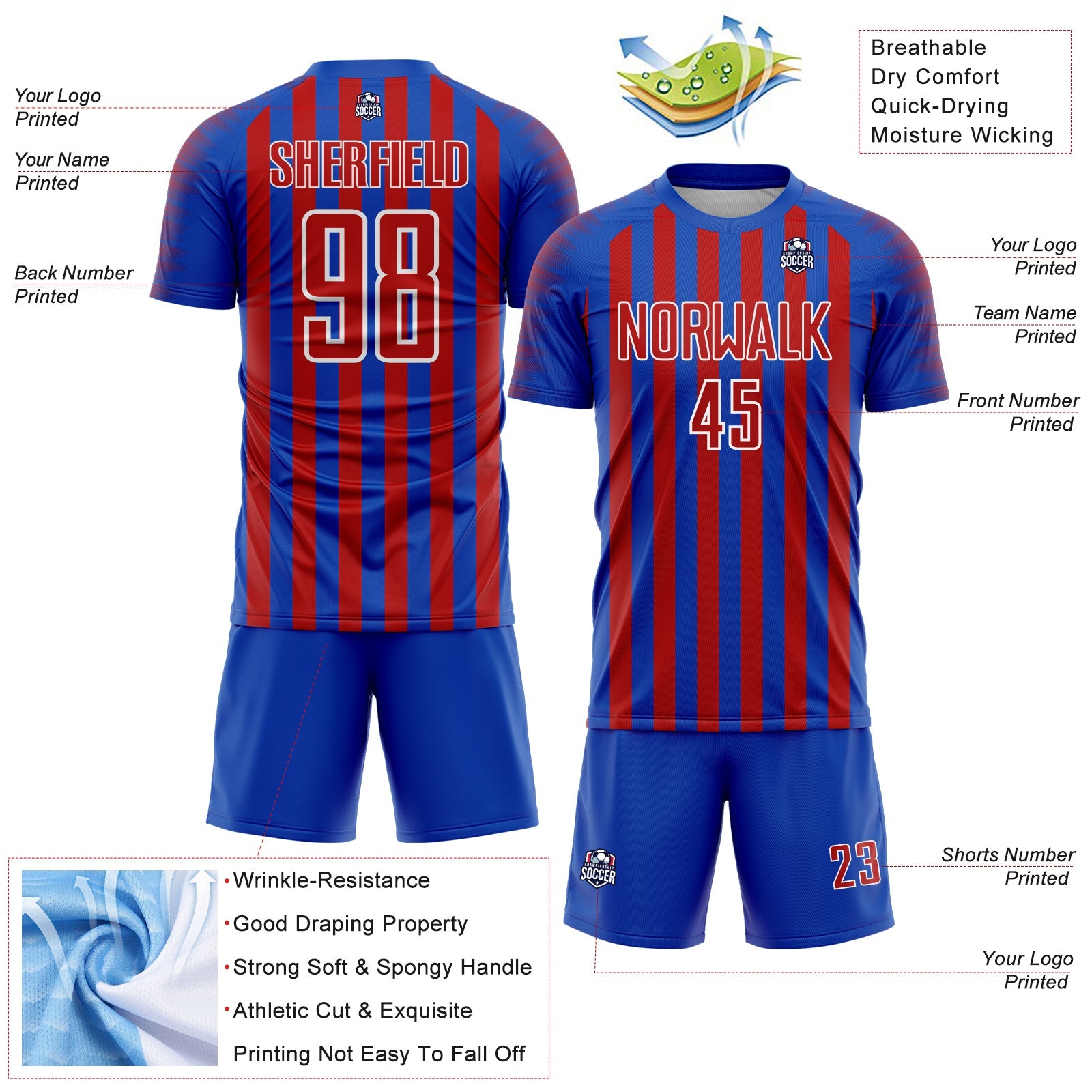 Custom Thunder Blue Red-White Stripe Sports Sublimation Soccer Uniform Jersey view 4