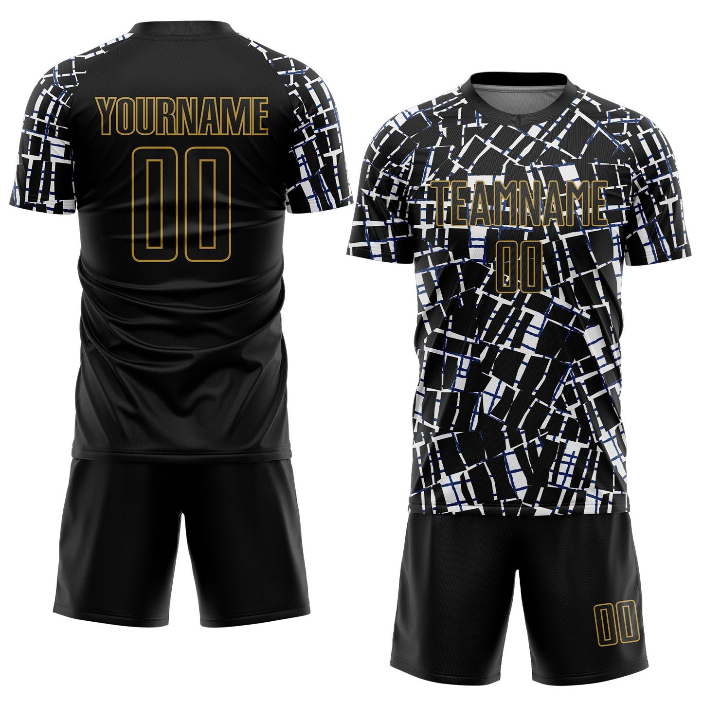 Custom Black White-Old Gold Abstract Line Sports Sublimation Soccer Uniform Jersey view 2