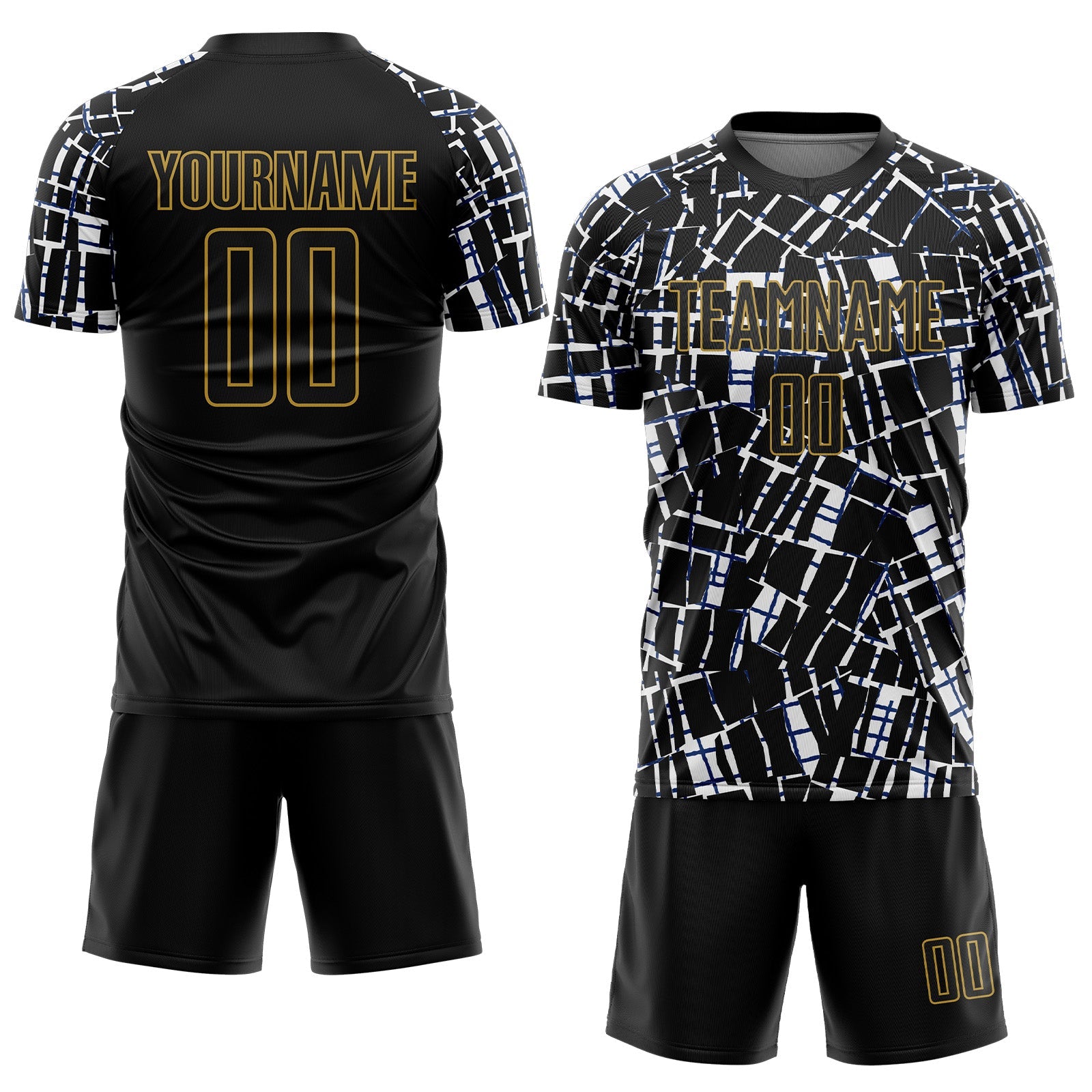 Custom Black White-Old Gold Abstract Line Sports Sublimation Soccer Uniform Jersey view 2