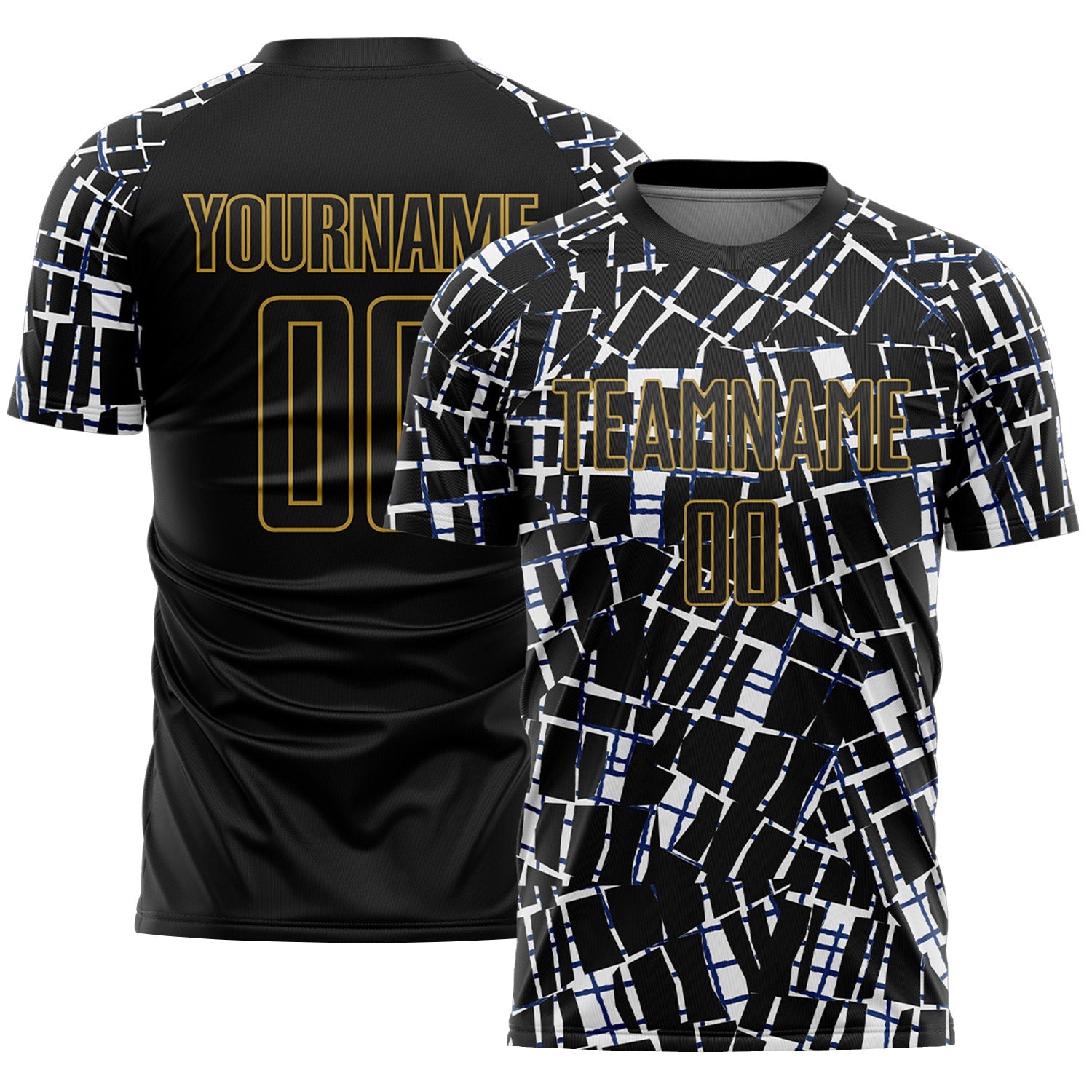 Custom Black White-Old Gold Abstract Line Sports Sublimation Soccer Uniform Jersey - Main View
