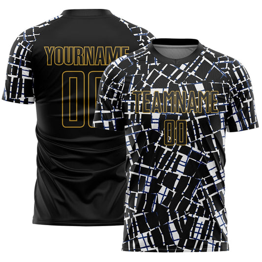Custom Black White-Old Gold Abstract Line Sports Sublimation Soccer Uniform Jersey - Main View
