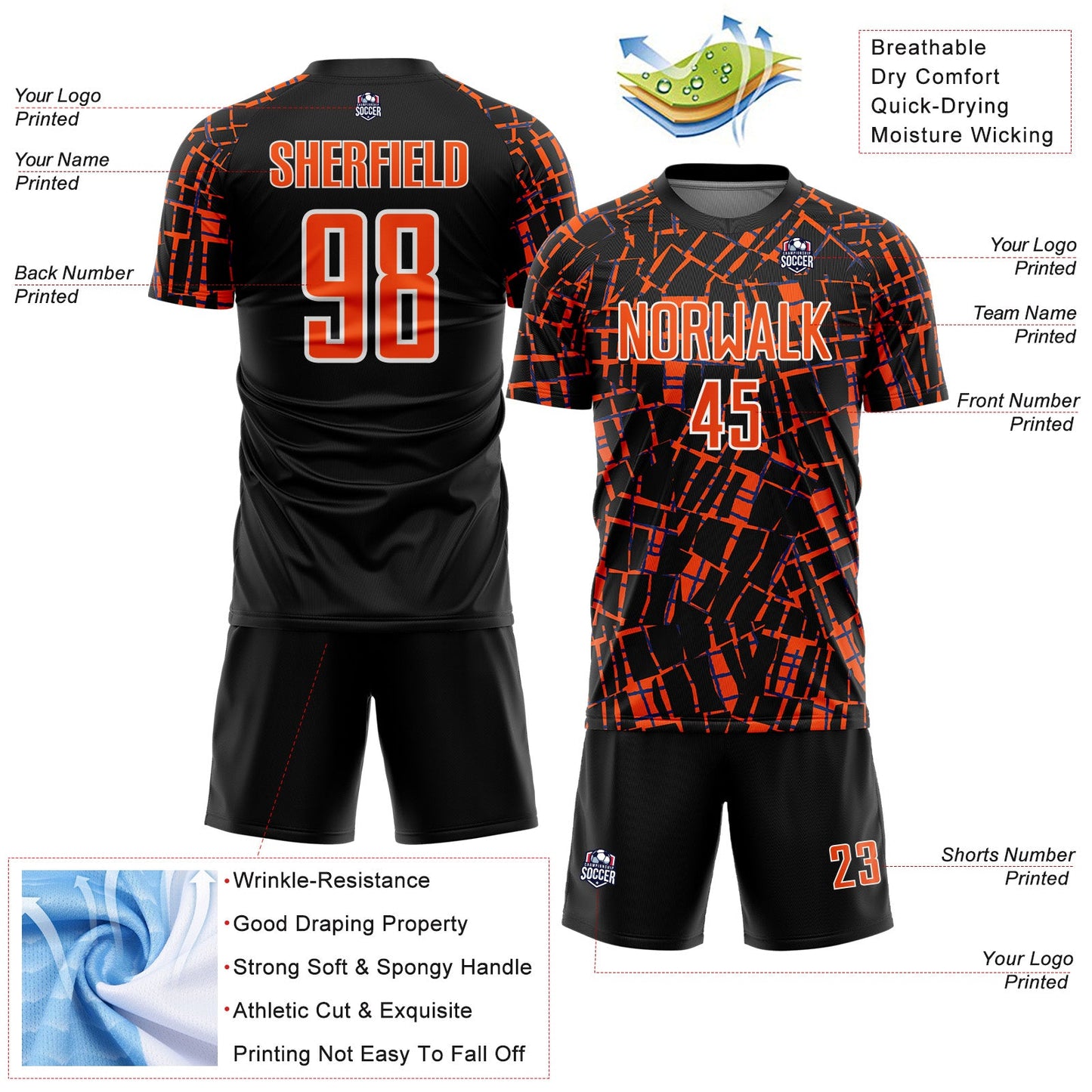 Custom Black Orange-White Abstract Line Sports Sublimation Soccer Uniform Jersey view 4