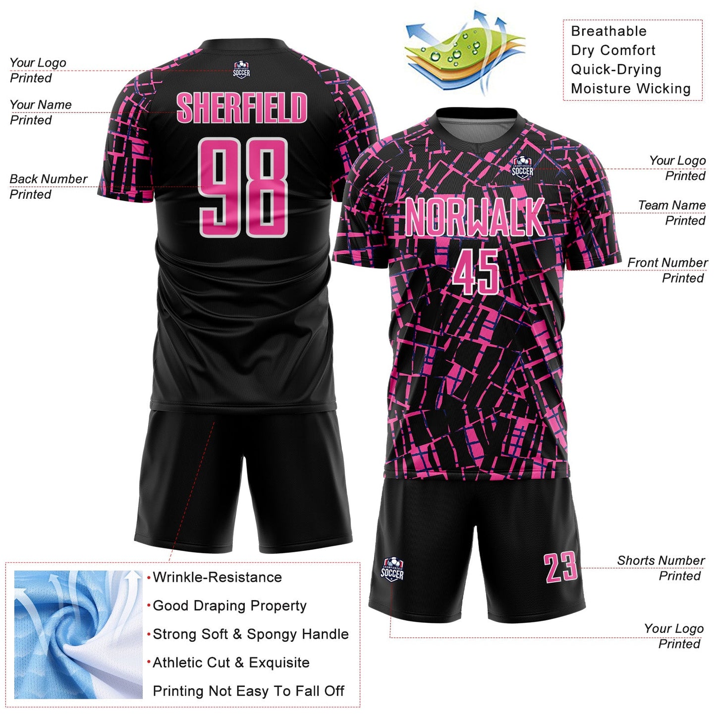 Custom Black Pink-White Abstract Line Sports Sublimation Soccer Uniform Jersey view 4