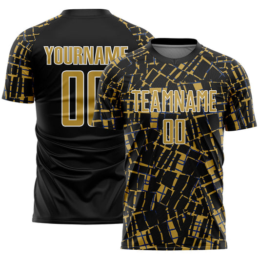 Custom Black Old Gold-White Abstract Line Sports Sublimation Soccer Uniform Jersey - Main View