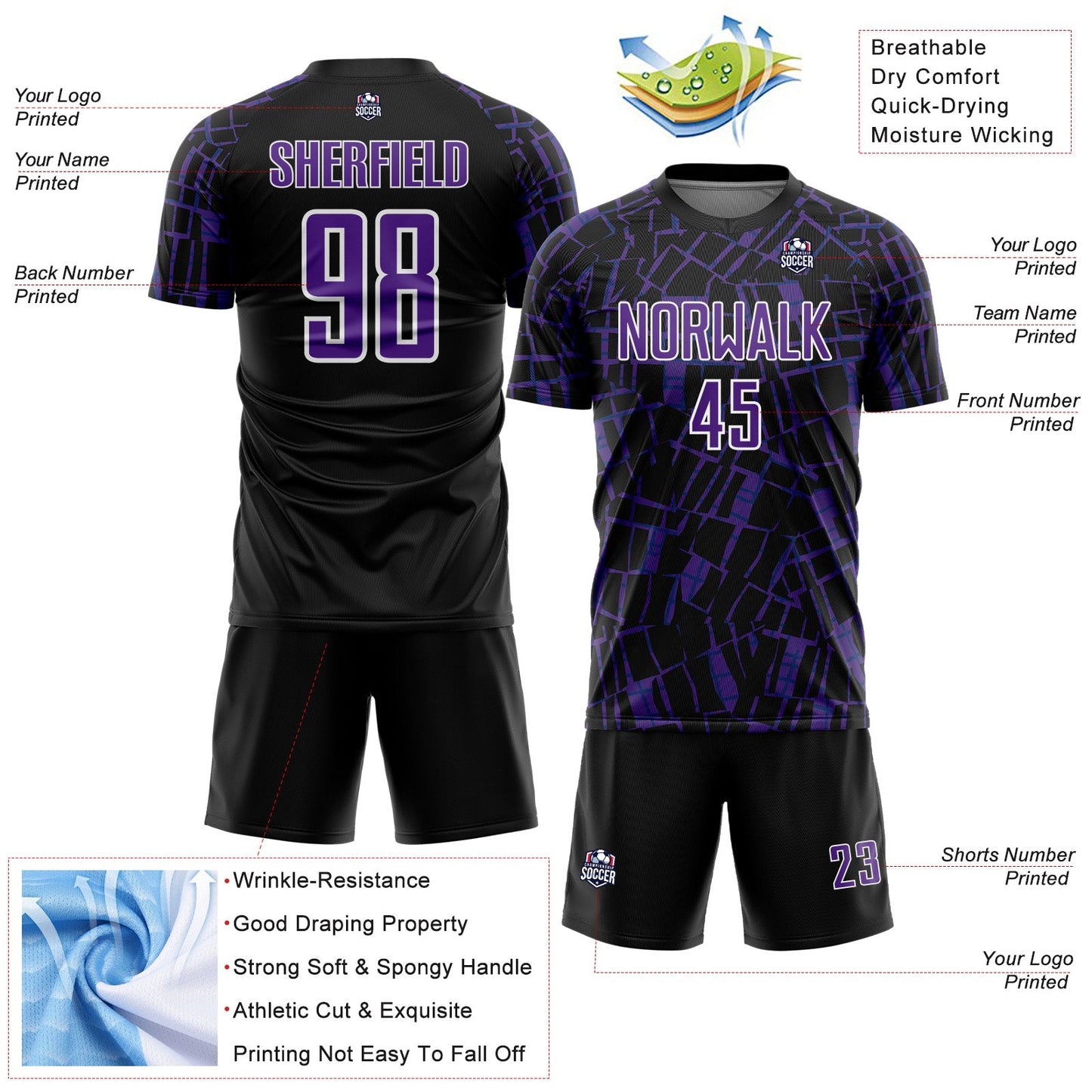 Custom Black Purple-White Abstract Line Sports Sublimation Soccer Uniform Jersey view 4