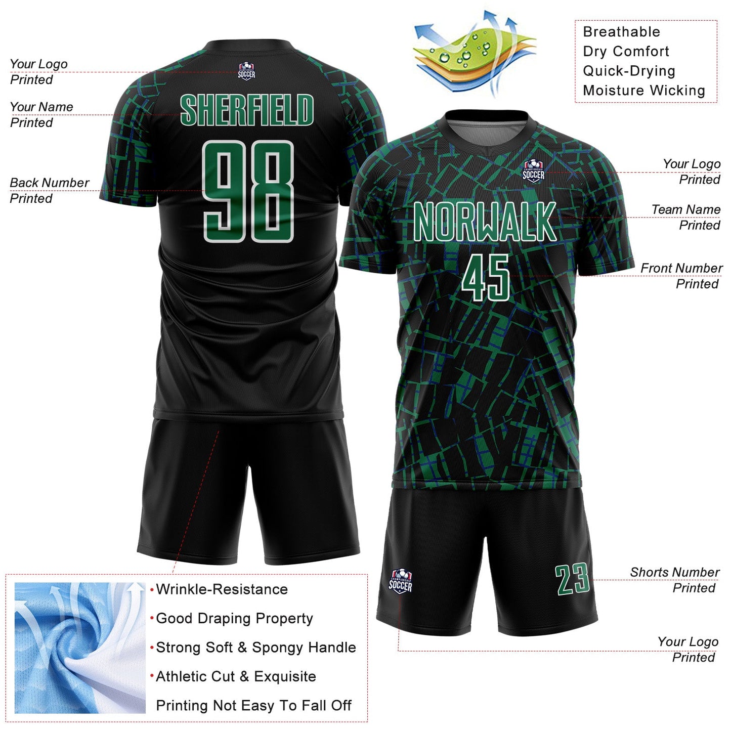Custom Black Kelly Green-White Abstract Line Sports Sublimation Soccer Uniform Jersey view 4