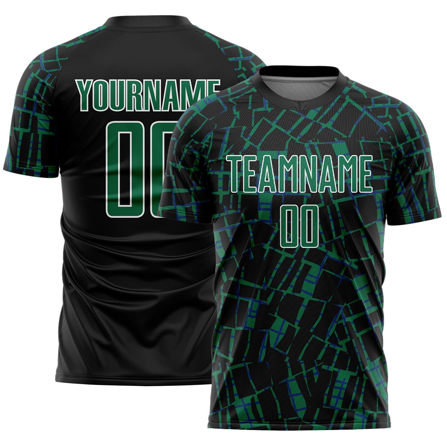 Custom Black Kelly Green-White Abstract Line Sports Sublimation Soccer Uniform Jersey - Main View