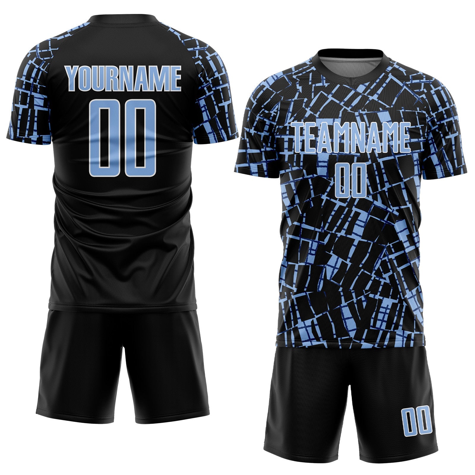 Custom Black Light Blue-White Abstract Line Sports Sublimation Soccer Uniform Jersey view 2
