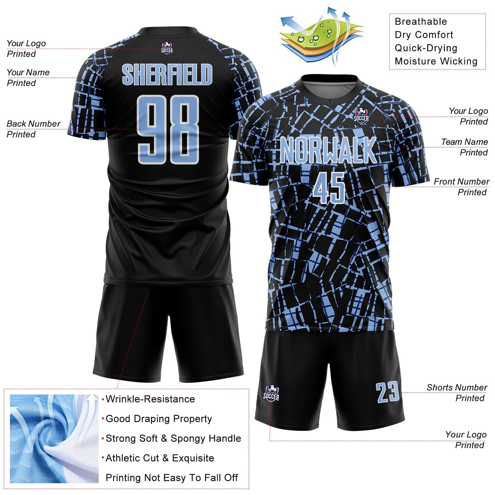 Custom Black Light Blue-White Abstract Line Sports Sublimation Soccer Uniform Jersey view 4