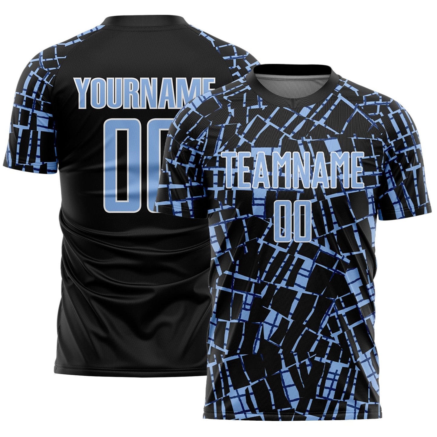 Custom Black Light Blue-White Abstract Line Sports Sublimation Soccer Uniform Jersey - Main View