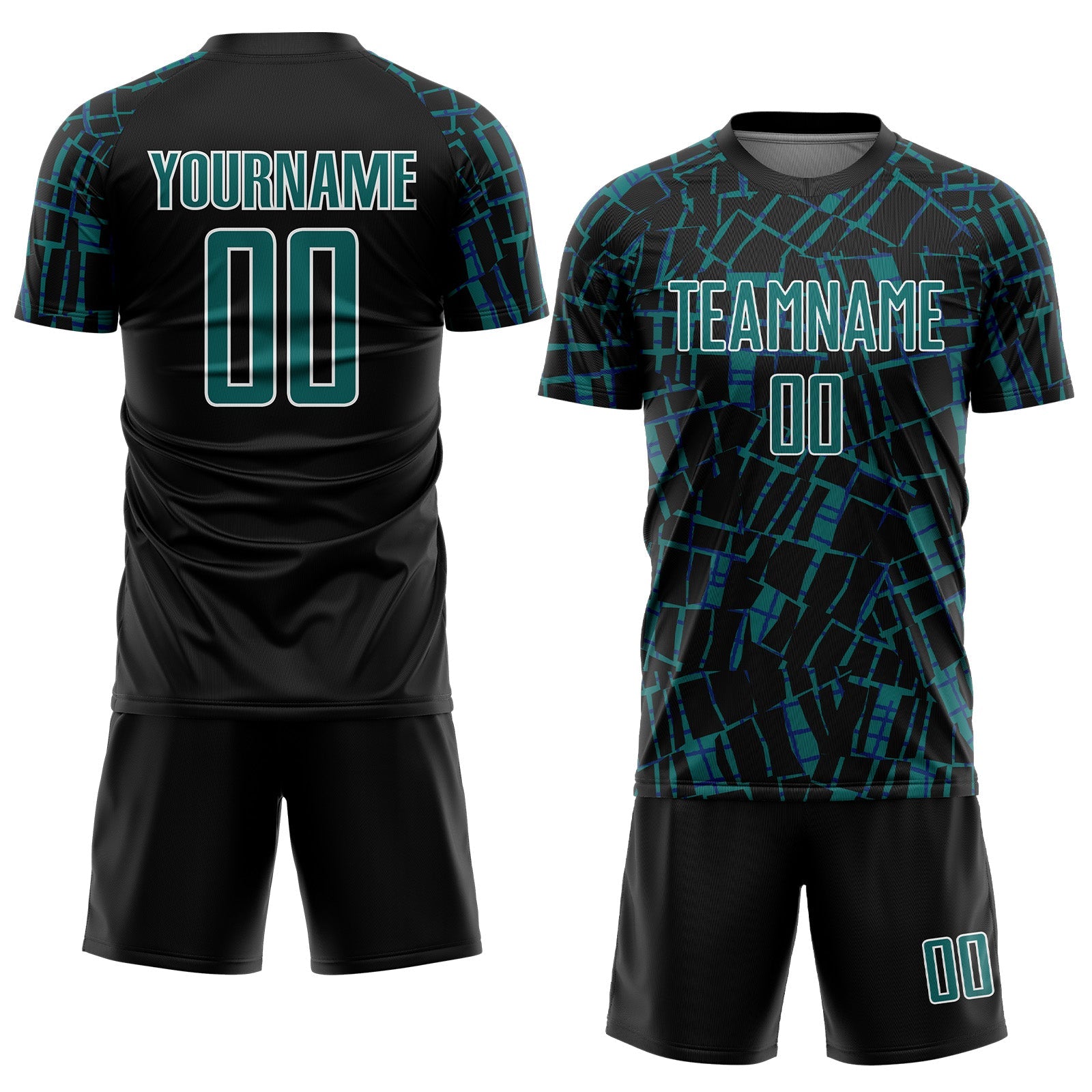 Custom Black Teal-White Abstract Line Sports Sublimation Soccer Uniform Jersey view 2