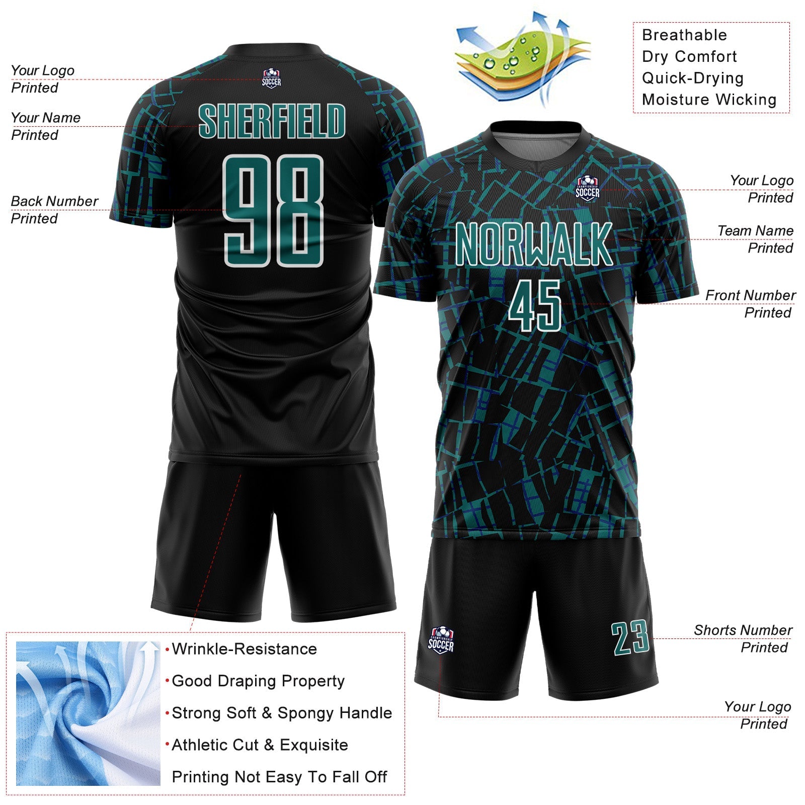 Custom Black Teal-White Abstract Line Sports Sublimation Soccer Uniform Jersey view 4