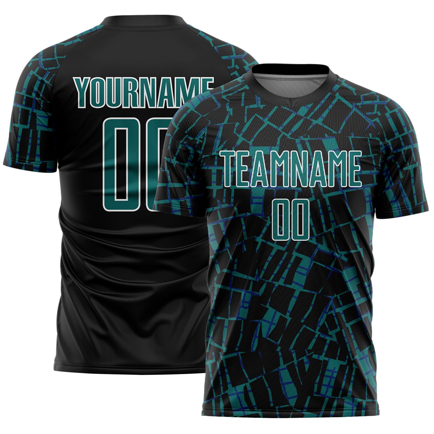 Custom Black Teal-White Abstract Line Sports Sublimation Soccer Uniform Jersey - Main View