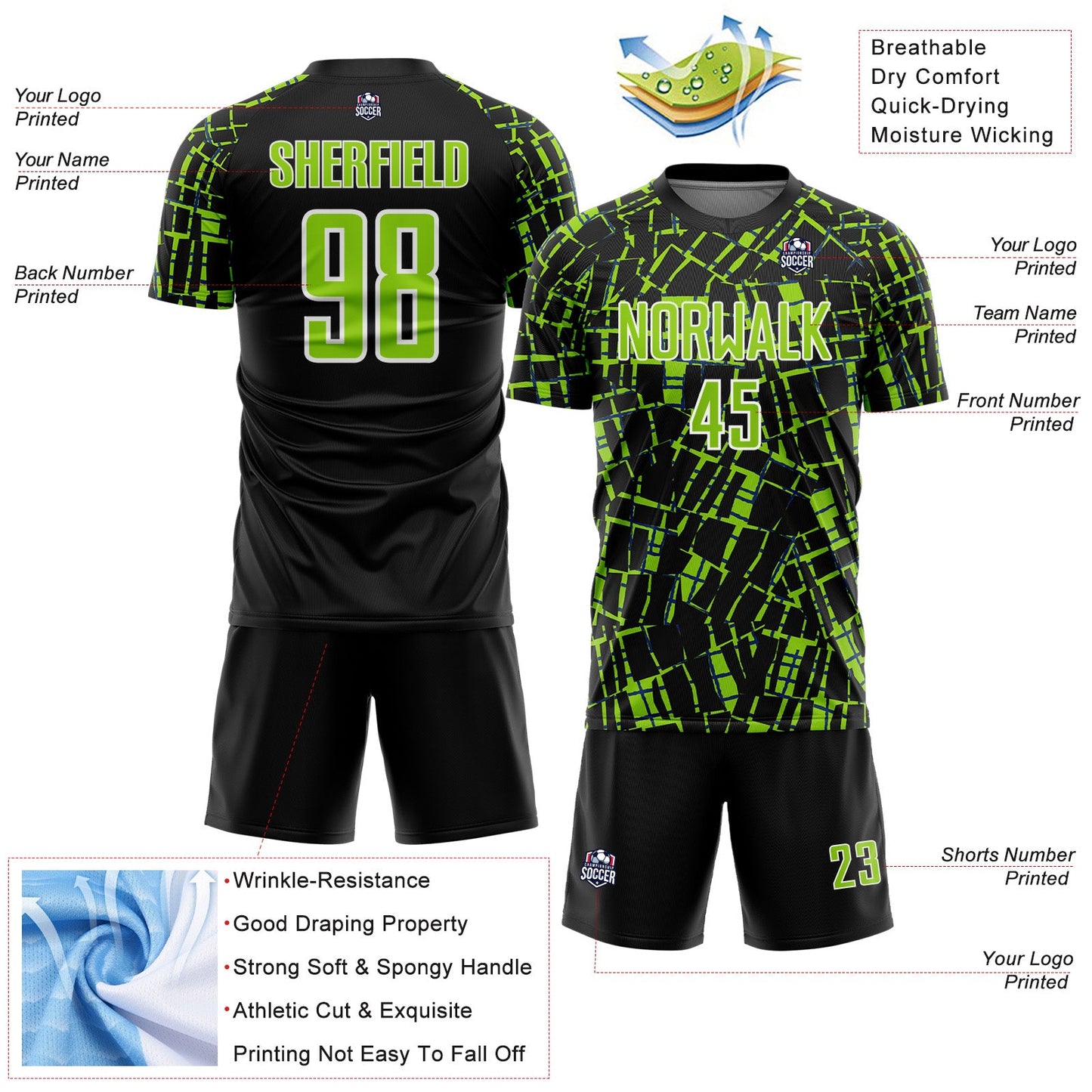 Custom Black Neon Green-White Abstract Line Sports Sublimation Soccer Uniform Jersey view 4