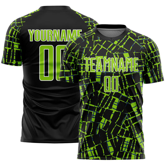 Custom Black Neon Green-White Abstract Line Sports Sublimation Soccer Uniform Jersey - Main View