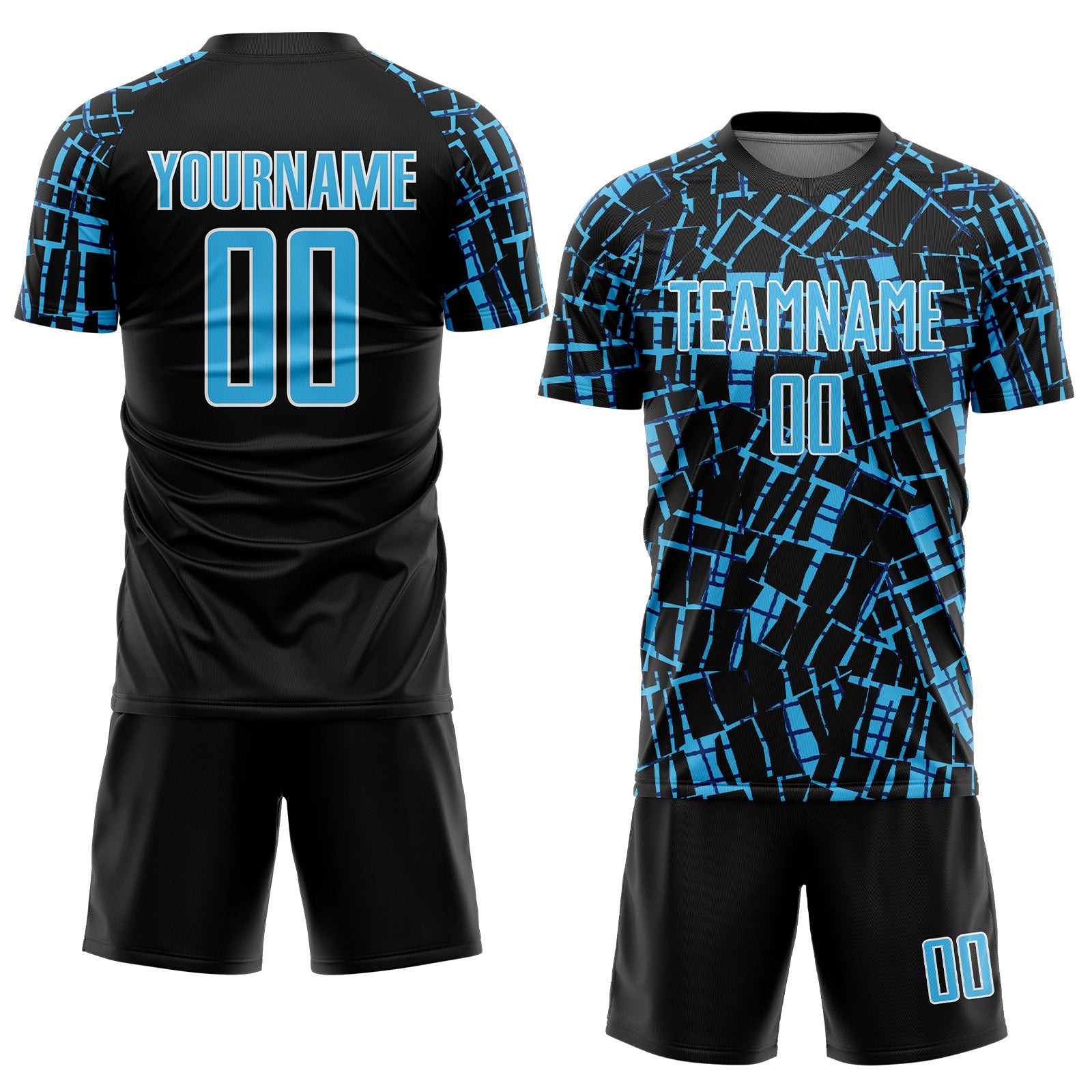 Custom Black Sky Blue-White Abstract Line Sports Sublimation Soccer Uniform Jersey view 2
