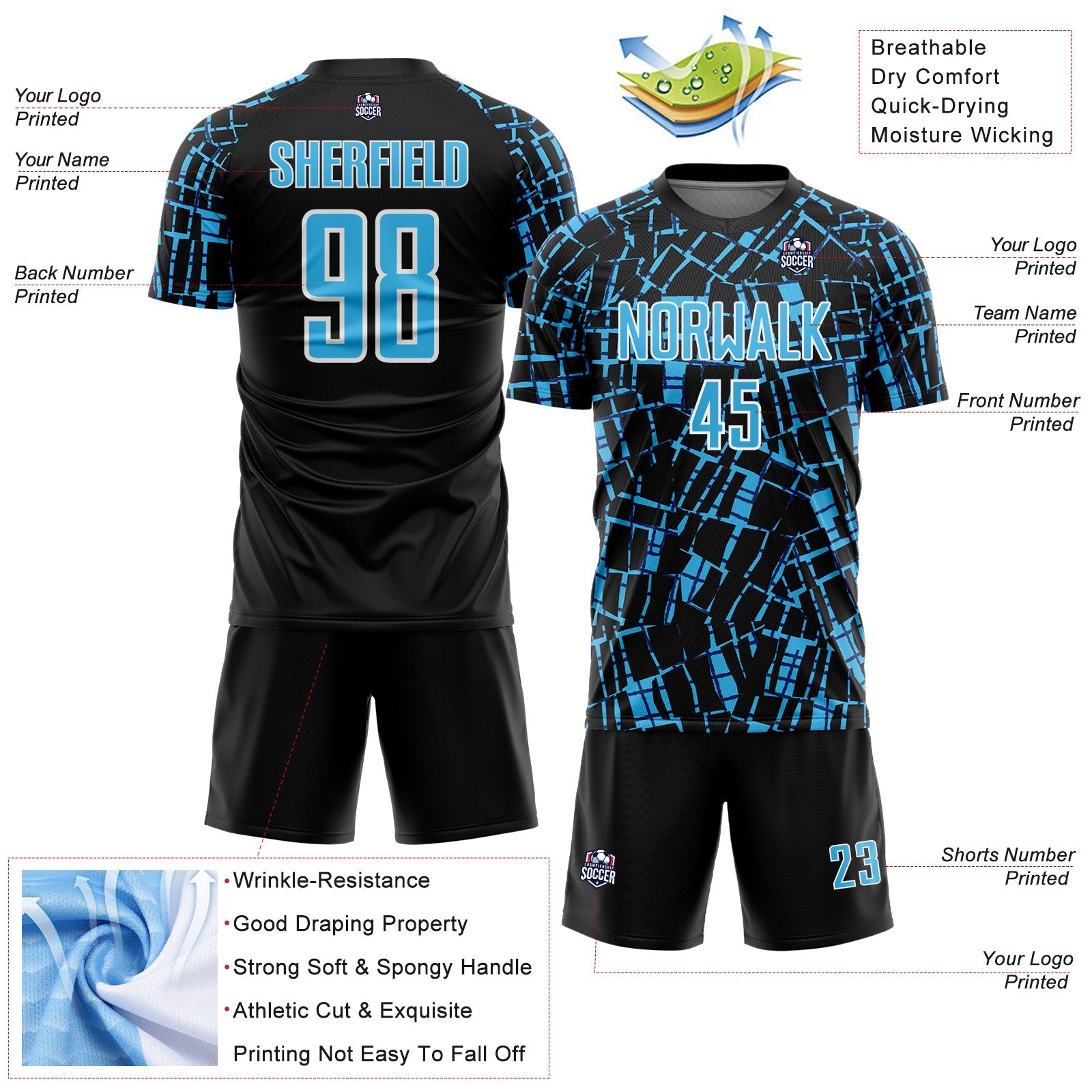 Custom Black Sky Blue-White Abstract Line Sports Sublimation Soccer Uniform Jersey view 4
