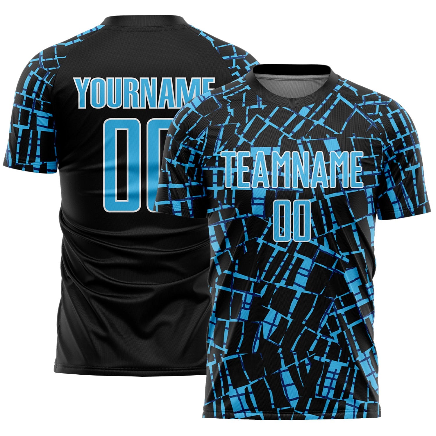 Custom Black Sky Blue-White Abstract Line Sports Sublimation Soccer Uniform Jersey - Main View