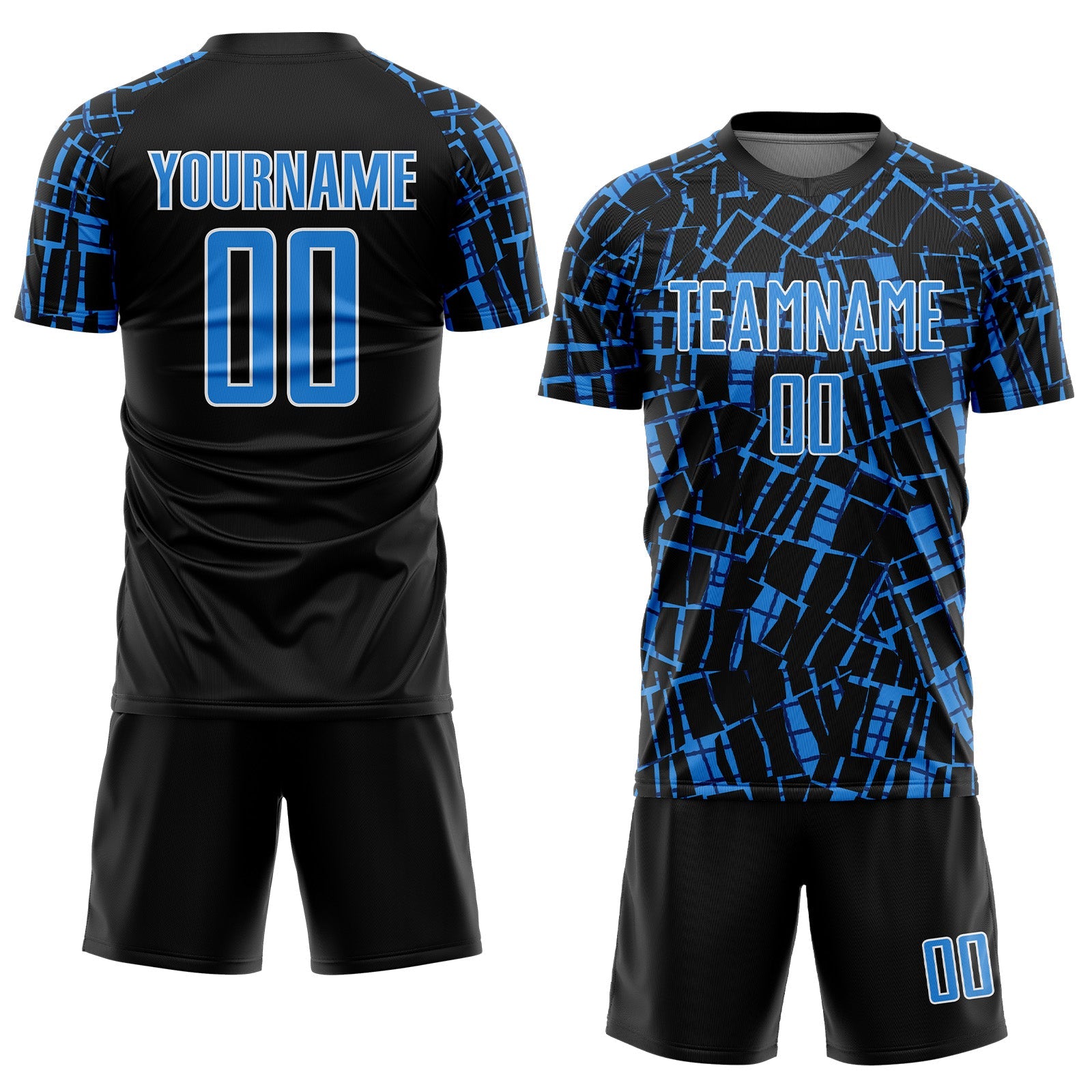 Custom Black Powder Blue-White Abstract Line Sports Sublimation Soccer Uniform Jersey view 2