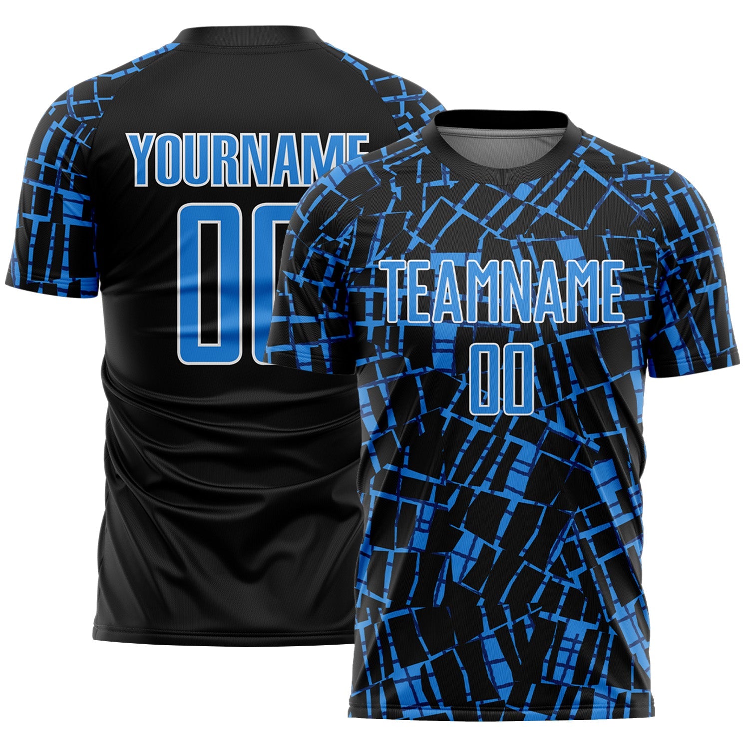 Custom Black Powder Blue-White Abstract Line Sports Sublimation Soccer Uniform Jersey - Main View