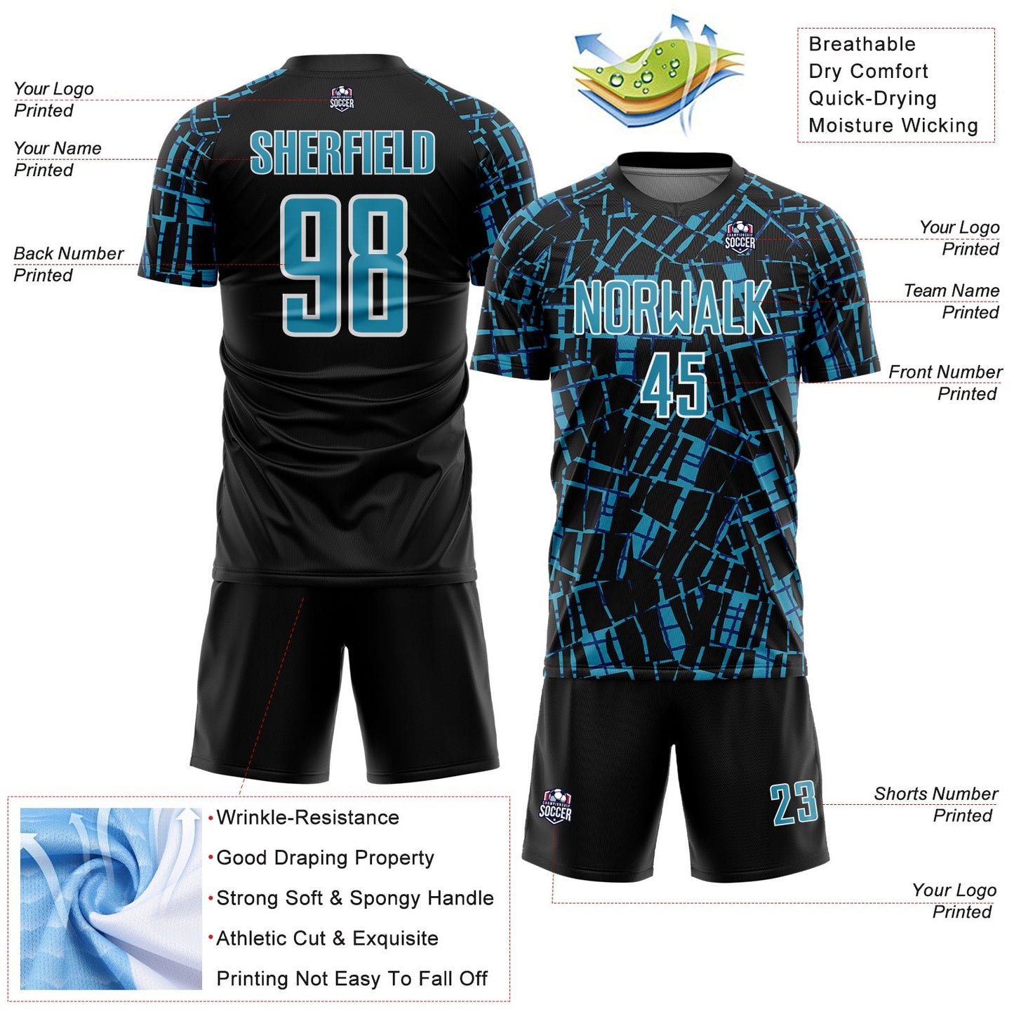 Custom Black Panther Blue-White Abstract Line Sports Sublimation Soccer Uniform Jersey view 4