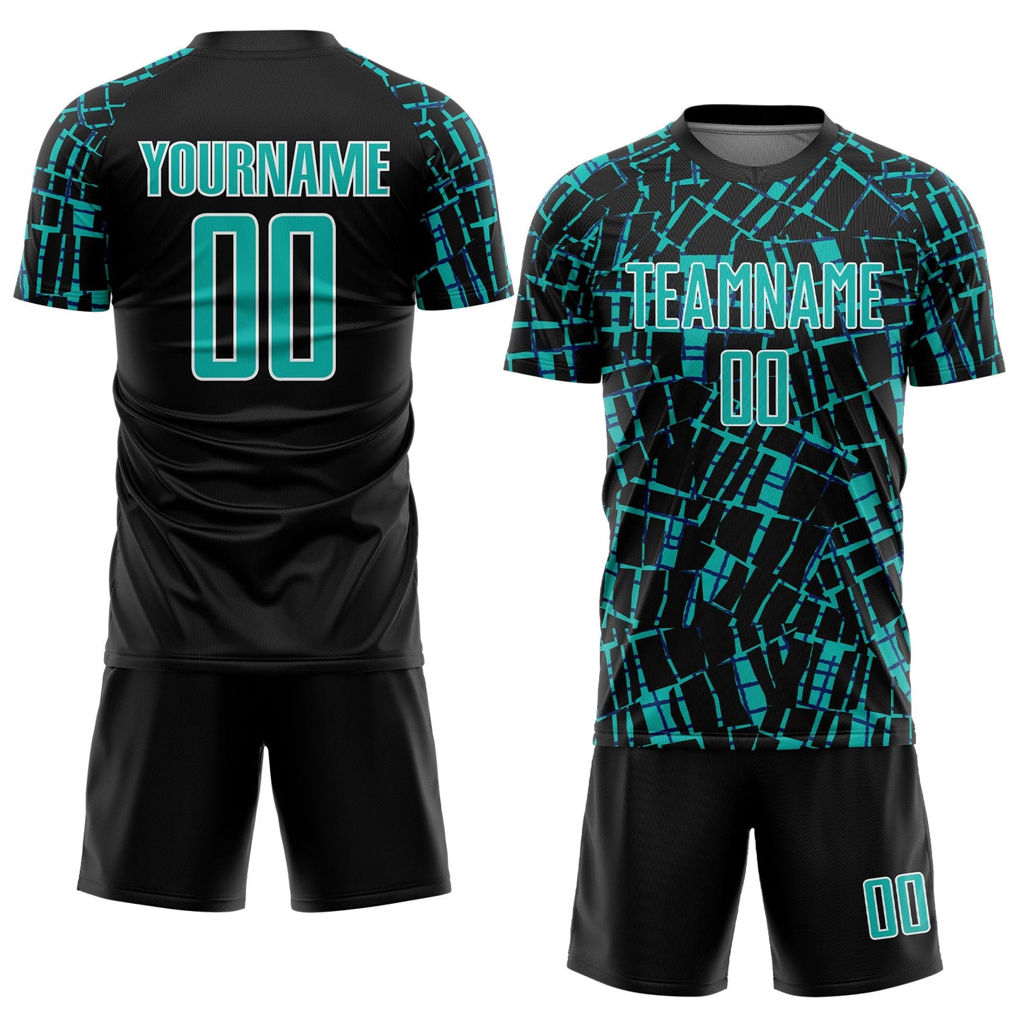 Custom Black Aqua-White Abstract Line Sports Sublimation Soccer Uniform Jersey view 2