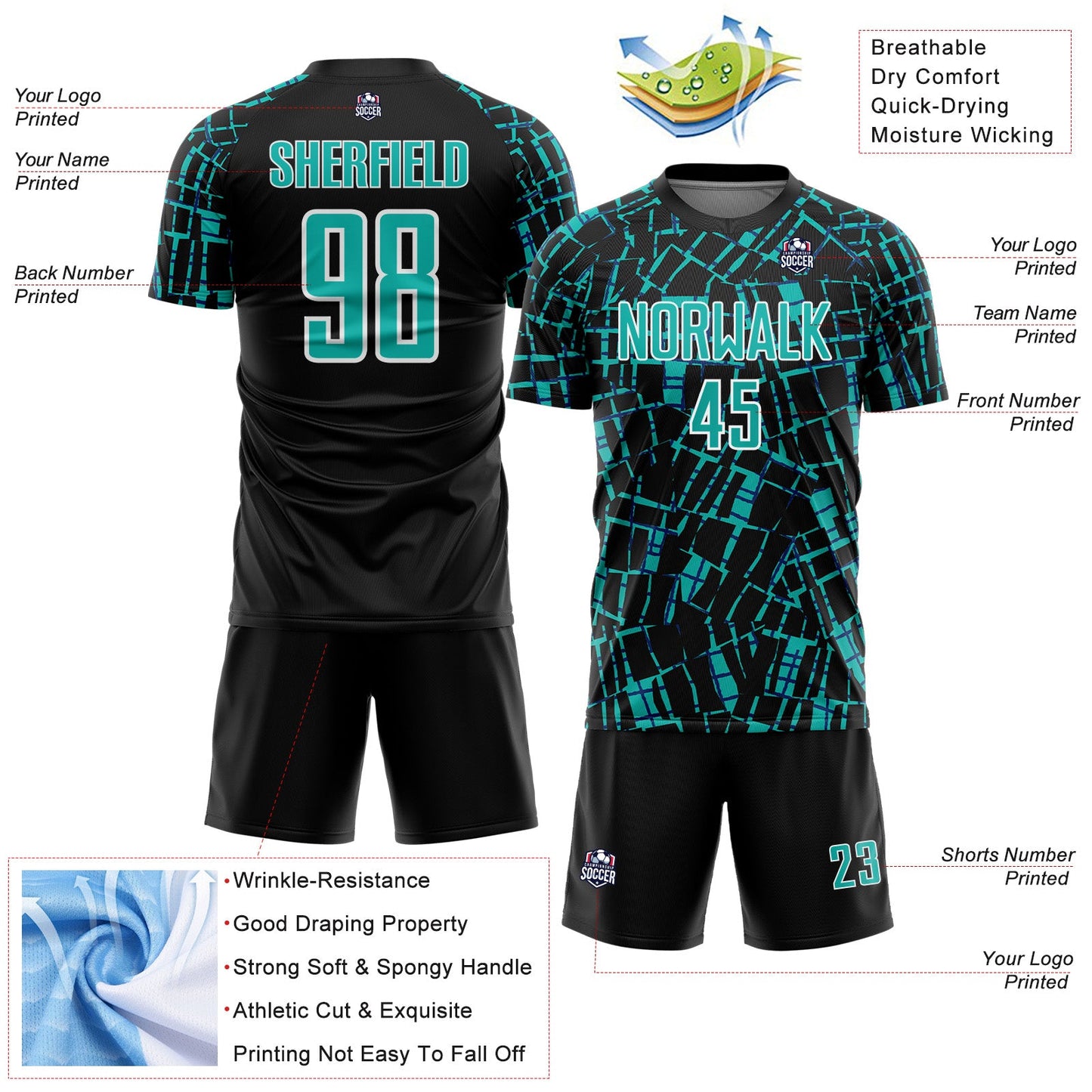 Custom Black Aqua-White Abstract Line Sports Sublimation Soccer Uniform Jersey view 4