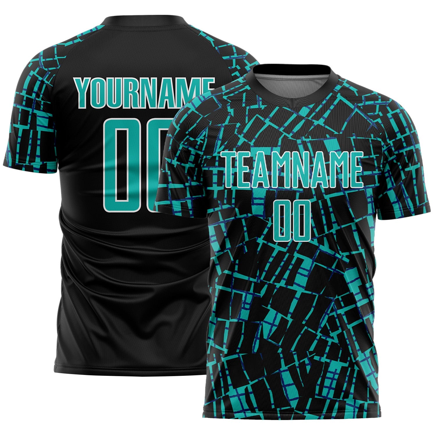 Custom Black Aqua-White Abstract Line Sports Sublimation Soccer Uniform Jersey - Main View