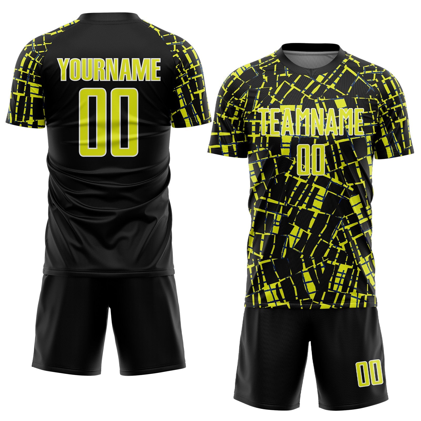 Custom Black Neon Yellow-White Abstract Line Sports Sublimation Soccer Uniform Jersey view 2
