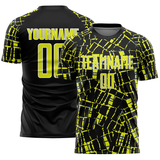 Custom Black Neon Yellow-White Abstract Line Sports Sublimation Soccer Uniform Jersey - Main View