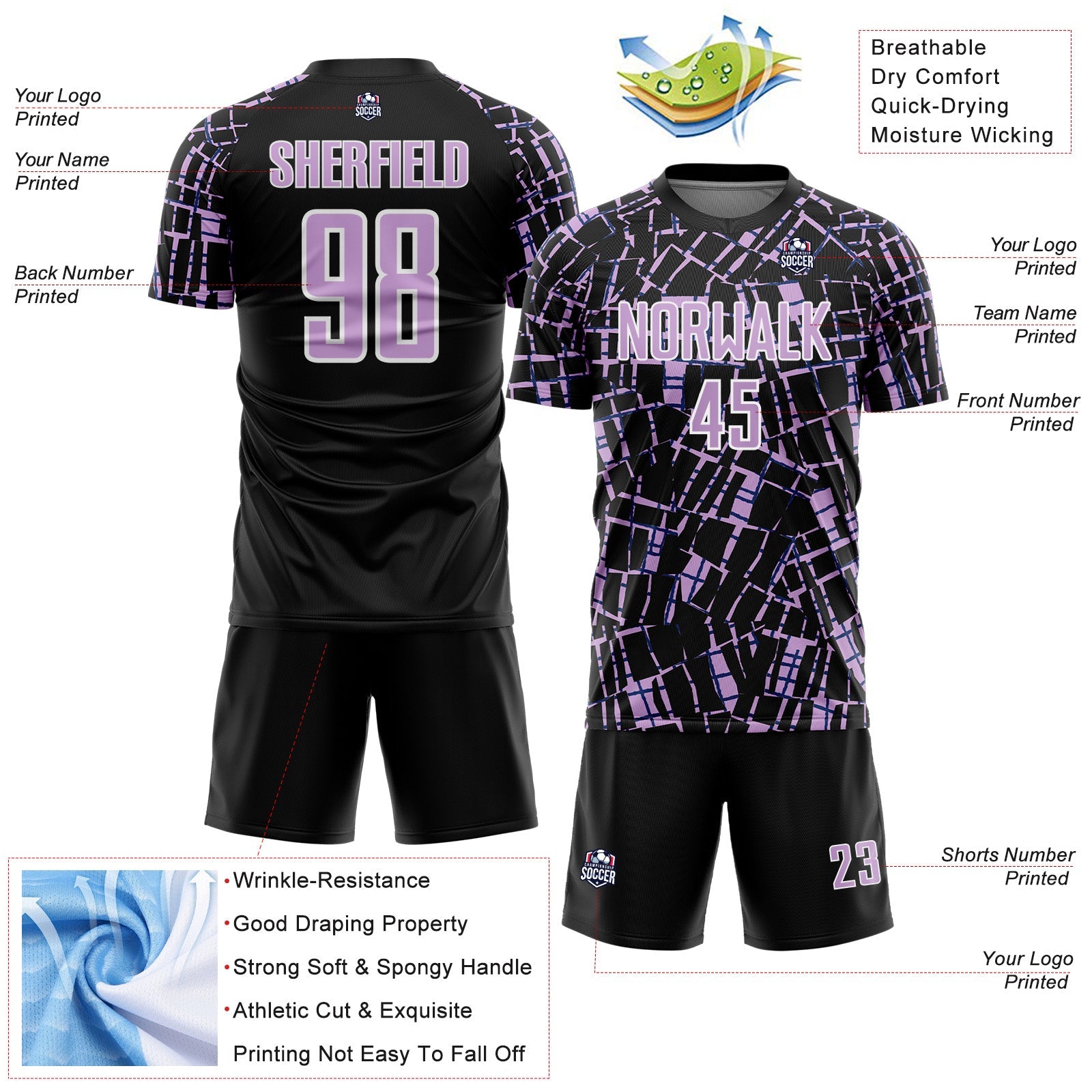 Custom Black Light Purple-White Abstract Line Sports Sublimation Soccer Uniform Jersey view 4