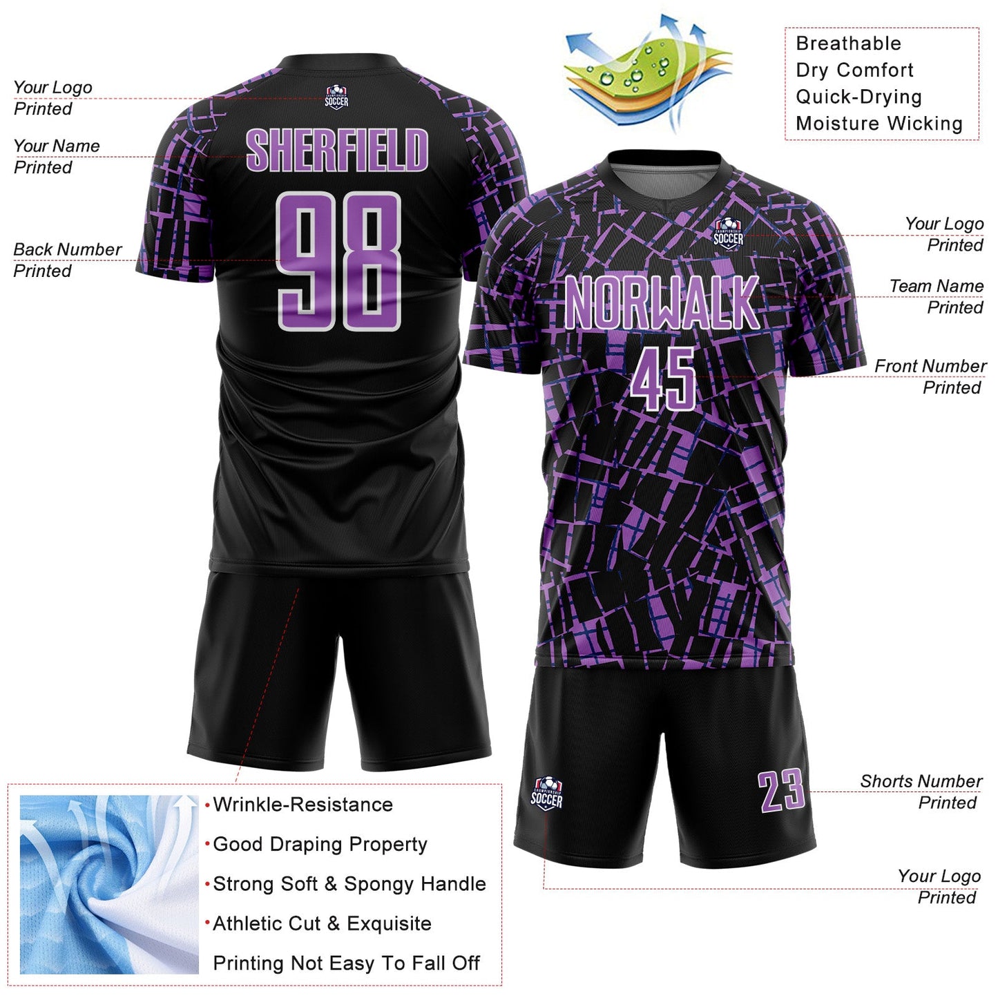 Custom Black Medium Purple-White Abstract Line Sports Sublimation Soccer Uniform Jersey view 4