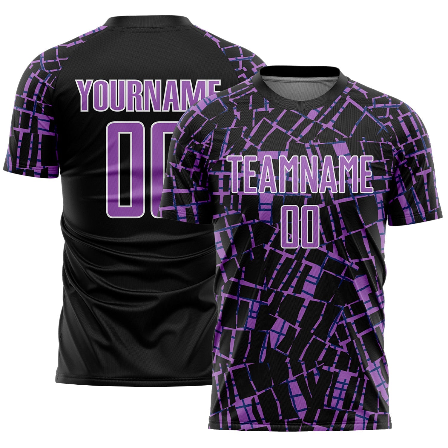 Custom Black Medium Purple-White Abstract Line Sports Sublimation Soccer Uniform Jersey - Main View