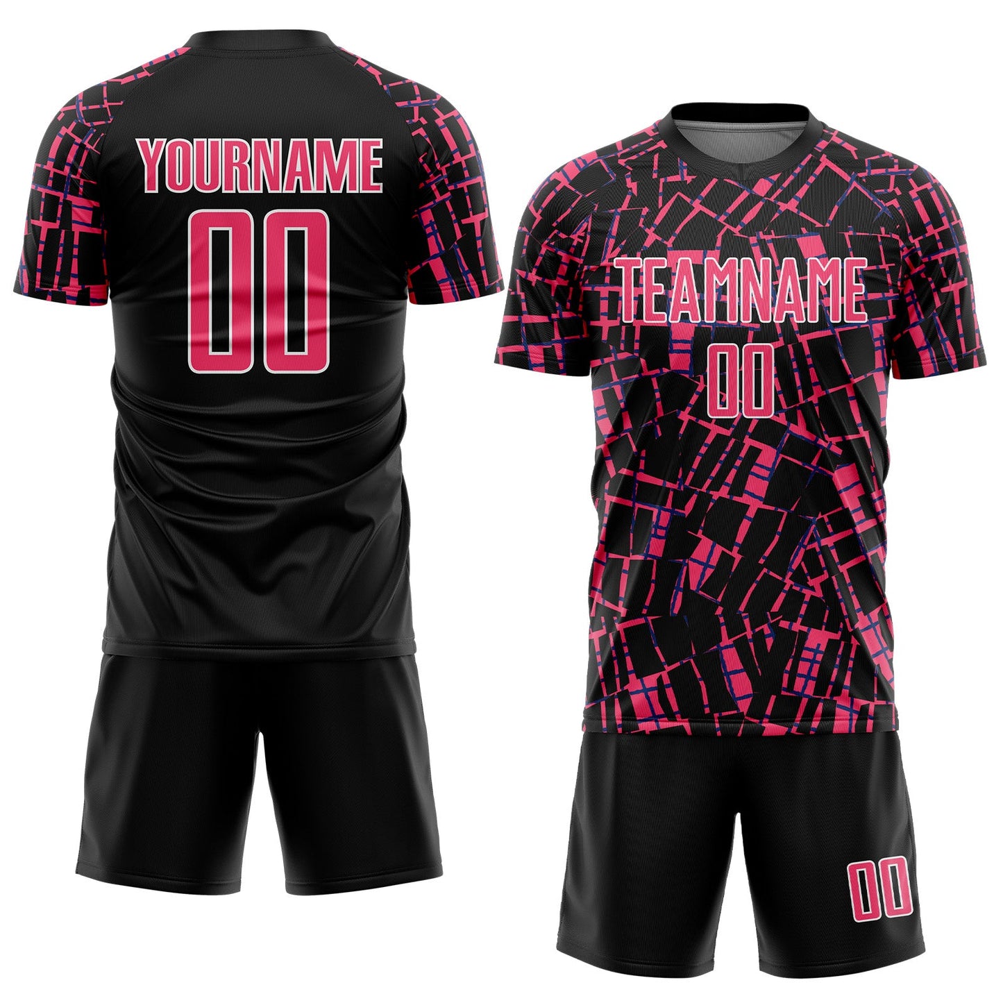 Custom Black Neon Pink-White Abstract Line Sports Sublimation Soccer Uniform Jersey view 2